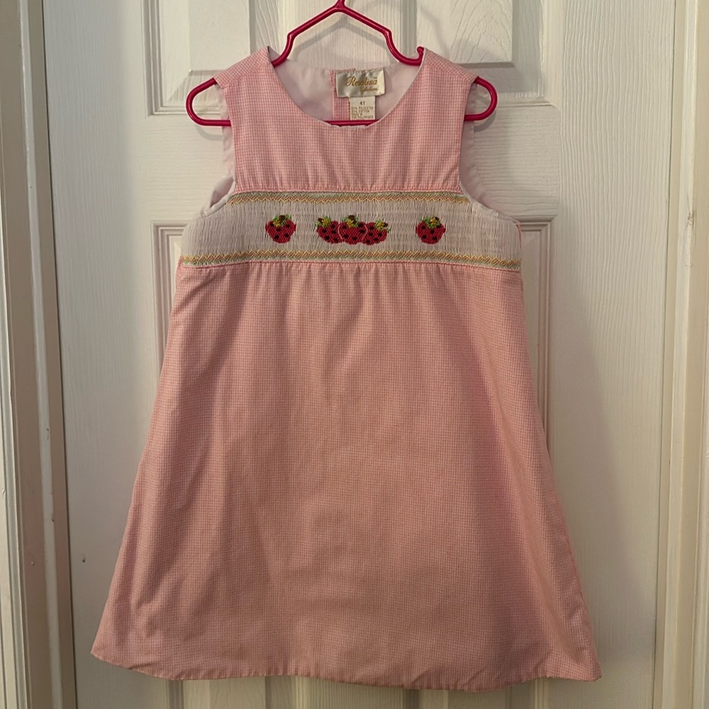 Rosalina Boutique Strawberries Pink Gingham Seersucker Smocked Dress